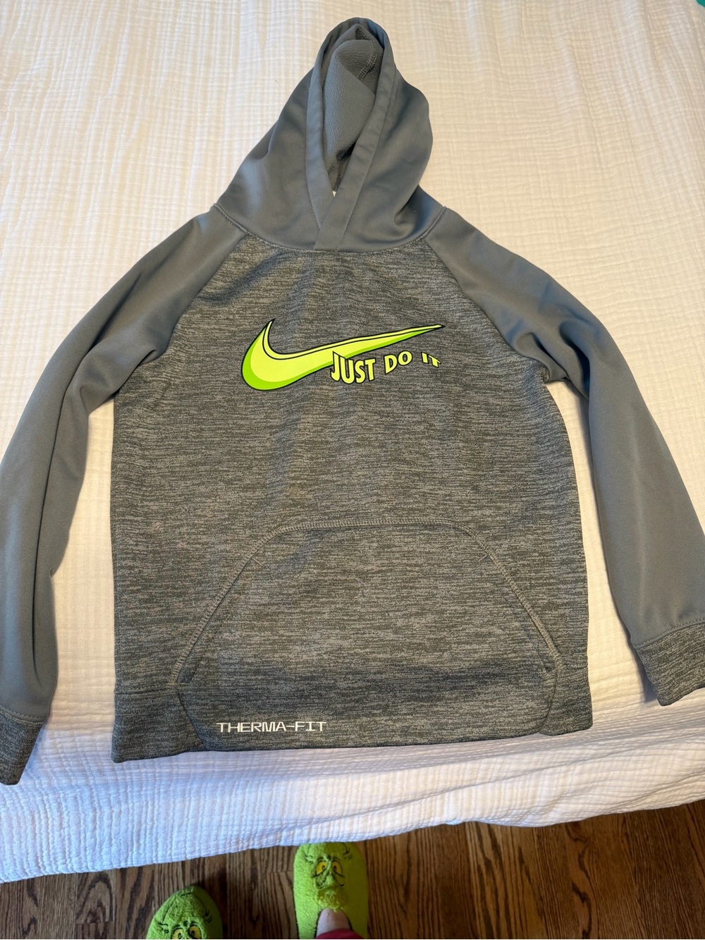 Nike Kids Gray Hoodie with Neon Yellow Swoosh